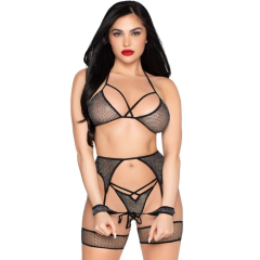 LEG AVENUE - 89362 TOP + STRING + STRUMPFG�RTEL + HANDSCHELLEN SET SCHWARZ - EINE GR�SSE