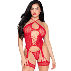 LEG AVENUE - 89338 OFFENER SPITZEN-Bodysuit MIT STRUMPFG�RTEL + STRING ROT - EINE GR�SSE