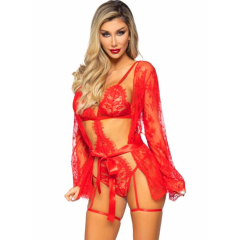LEG AVENUE - 86123 TEDDY- UND STRUMPFBAND-BADEMANTEL-SET, ROT, GR�SSE S