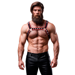 FETISH SUBMISSIVE ATTITUDE - BRUST-BULLDOG-GESCHIRR AUS �KOLEDER F�R HERREN, SCHWARZ/ROT